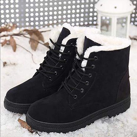 Shoes - Platform Warm Fur Snow Ankle Lace Up Flat Booties